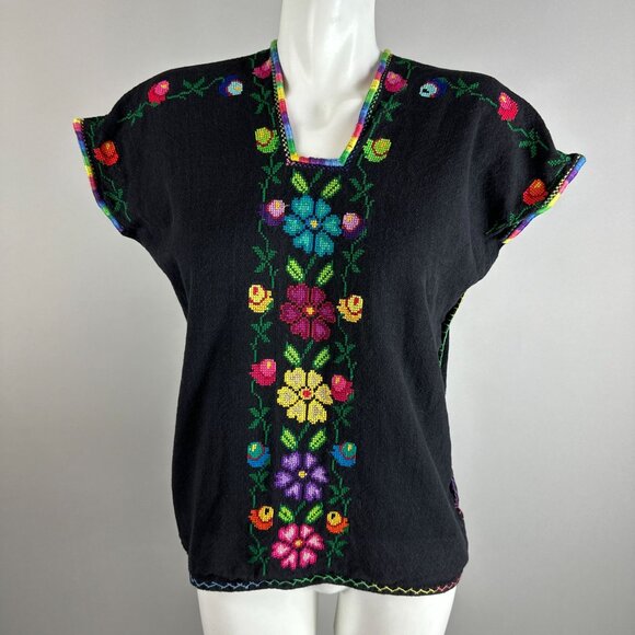 Vtg 80s Colorful Embroidered Floral Cotton Black Womens Mexico Blouse Size Large - Picture 1 of 3
